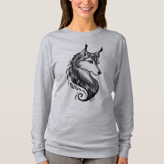 Black White Hand Drawn Wolf Off Shoulder Shirt (Front)