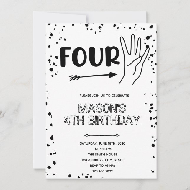 Black white hand gesture 4th birthday invitation (Front)