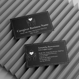 Black White Hand Heart Minimal Caregiver Business Card