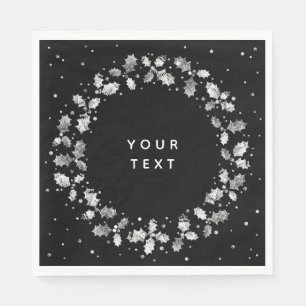Black + White Hand Printed Holly Wreath Christmas Napkin