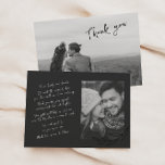 Black & White Handwritten Two Photo Thank You Announcement<br><div class="desc">Modern simplicity meets elegant botanicals. This wedding thank you card features a beautiful mix of flowing handwriting inspired white script on a dark nearly-black background,  accented with an elegant black botanical illustration. The perfect card to showcase your wedding photos and express sincere thanks.</div>