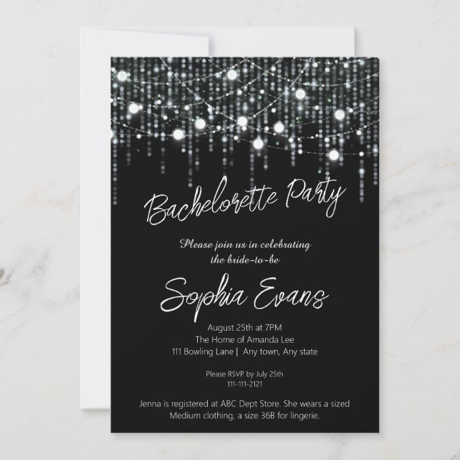 Black & White Hanging Lights Bachelorette Party Invitation (Front)
