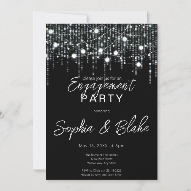 Black & White Hanging Lights Engagement Party Invitation (Front)