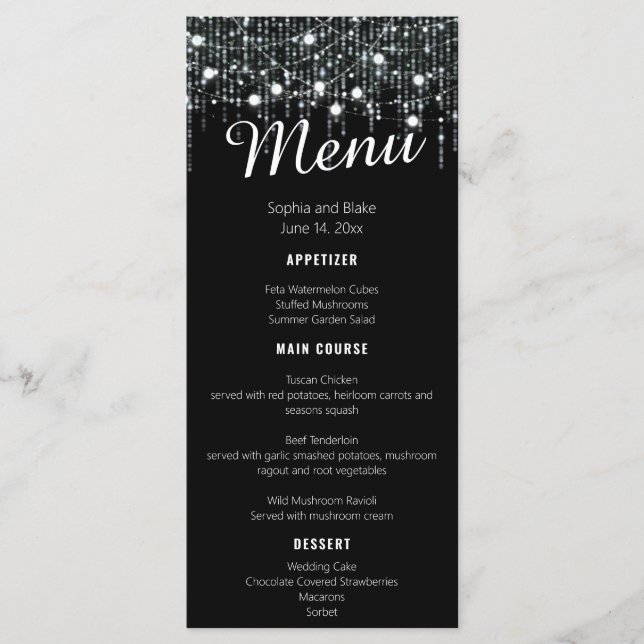 Black & White Hanging Lights Wedding Flat Menu (Front)