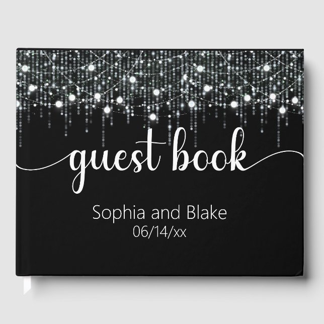 Black & White Hanging Lights Wedding Guest Book (Front)