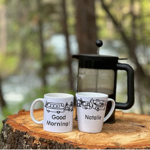 Black & White Happy Campers Personalised Latte Mug
