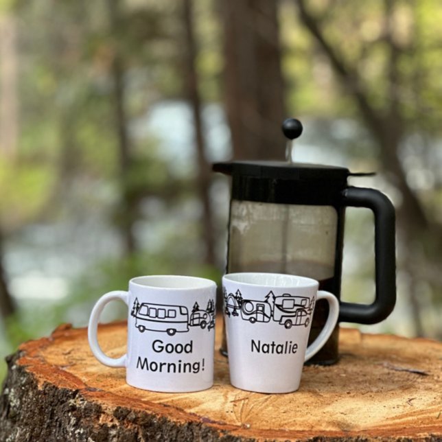 Black & White Happy Campers Personalised Mug (Black & White Happy Campers Personalized Mugs gone camping)