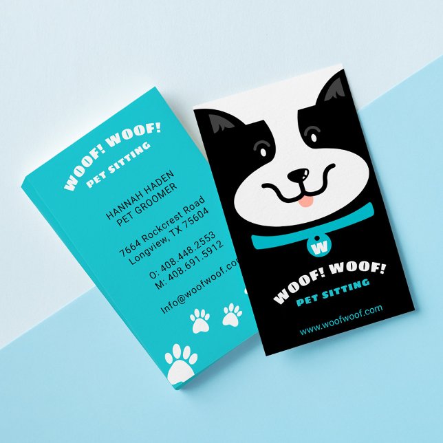 Black & White Happy Dog Pet Sitting & Grooming Business Card (Creator Uploaded)