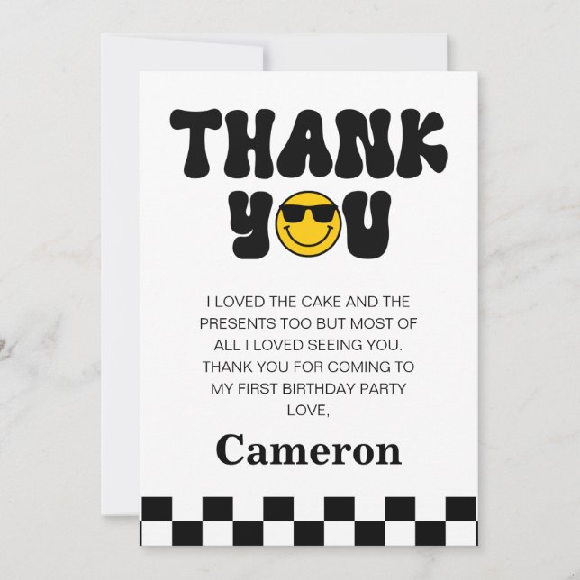 Black White Happy Dude 1st Birthday Thank You Card (Front)