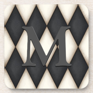 Black & White Harelquin Check Elegant 3-D Monogram Coaster