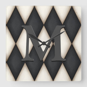 Black & White Harelquin Check Elegant 3-D Monogram Square Wall Clock