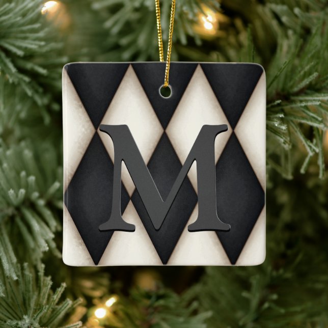 Black & White Harelquin Check Elegant Monogrammed Ceramic Ornament (Tree)