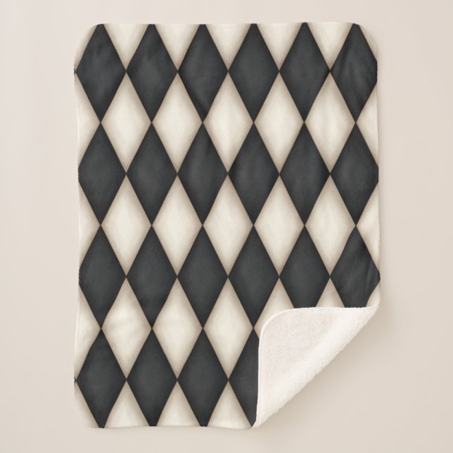 Black & White Harlequin Diamond Check Pattern Sherpa Blanket (Front)