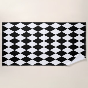 Black White Harlequin Diamonds Pattern Design Beach Towel