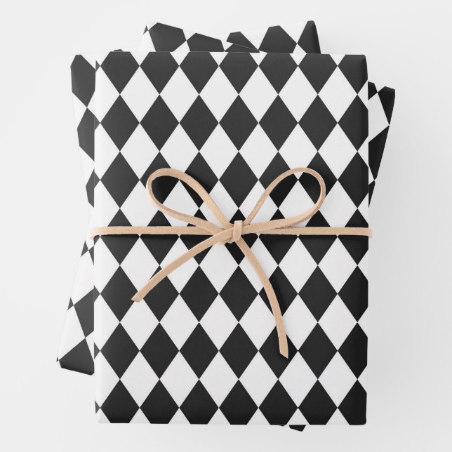 Black & White Harlequin Diamonds Wrapping Paper Sheet (In situ)