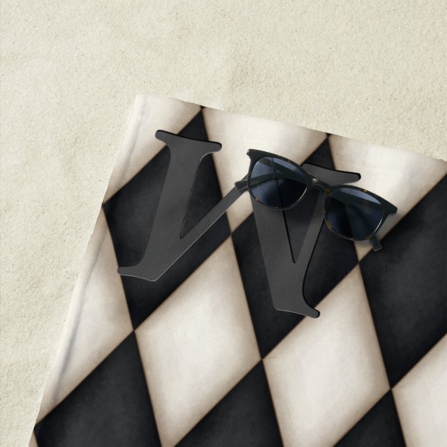 Black & White Harlequin Dramatic 3-D Monogrammed Beach Towel (In Situ)