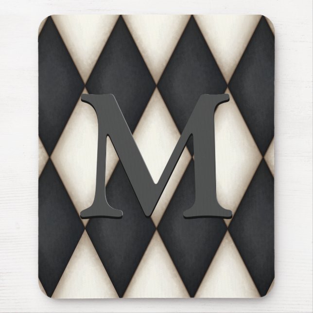 Black & White Harlequin Dramatic Custom Monogram Mouse Mat (Front)