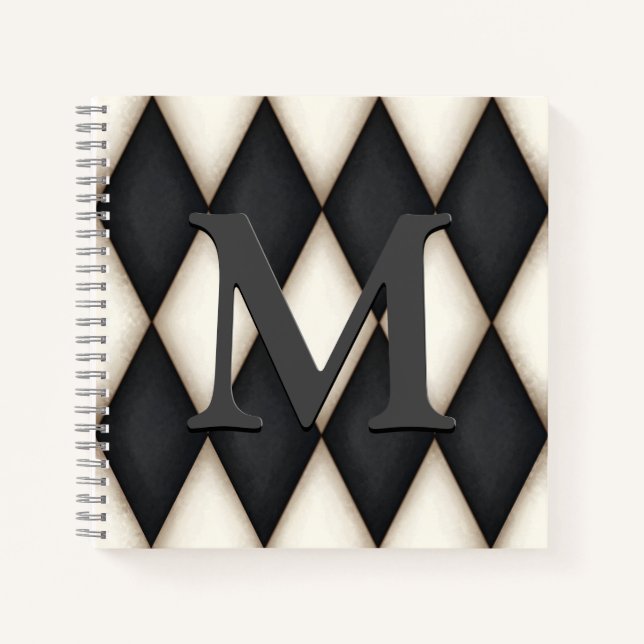 Black & White Harlequin Dramatic Custom Monogram Notebook (Front)