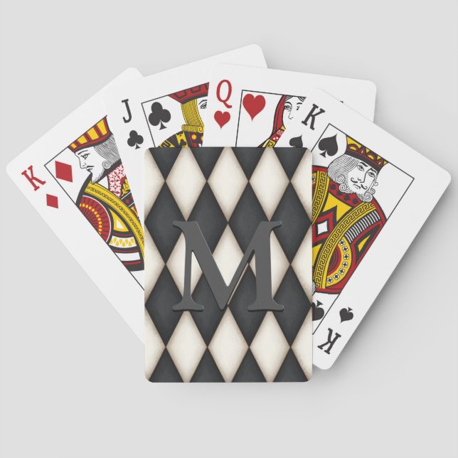 Black & White Harlequin Dramatic Custom Monogram Playing Cards (Back)