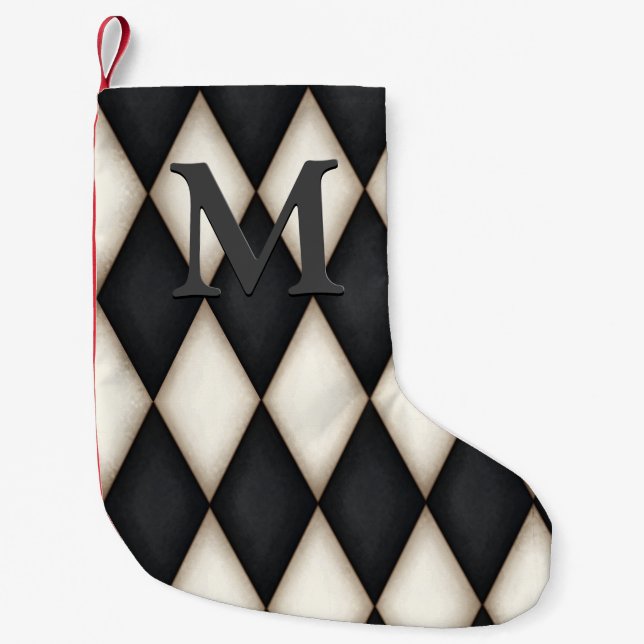 Black & White Harlequin Dramatic Custom Monogram Small Christmas Stocking (Front)