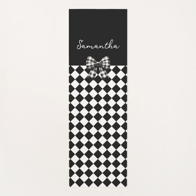Black White Harlequin Mad Hatter Checkers Yoga Mat (Front)