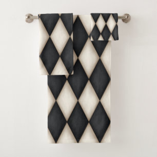 Black & White Harlequin Pattern Elegant Chequered Bath Towel Set