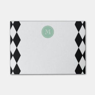 Black White Harlequin Pattern, Mint Green Monogram Post-it Notes