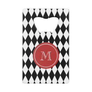 Black White Harlequin Pattern, Red Monogram