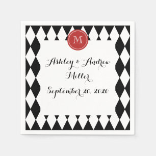Black White Harlequin Pattern, Red Monogram Napkin