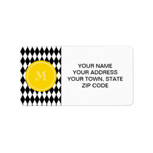 Black White Harlequin Pattern, Yellow Monogram Label