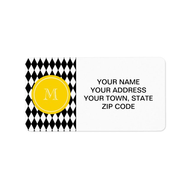 Black White Harlequin Pattern, Yellow Monogram Label (Front)