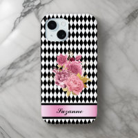 Black White Harlequin with Pink Flower and Name