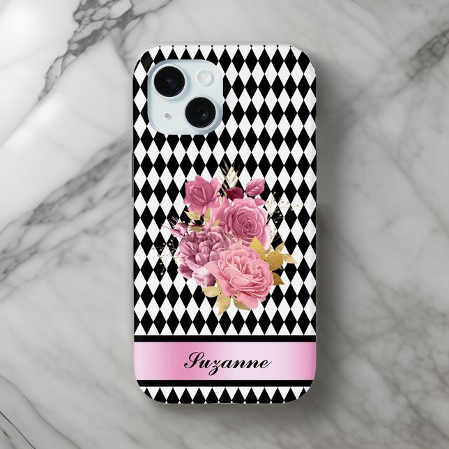 Black White Harlequin with Pink Flower and Name Case-Mate iPhone Case (Creator Uploaded)
