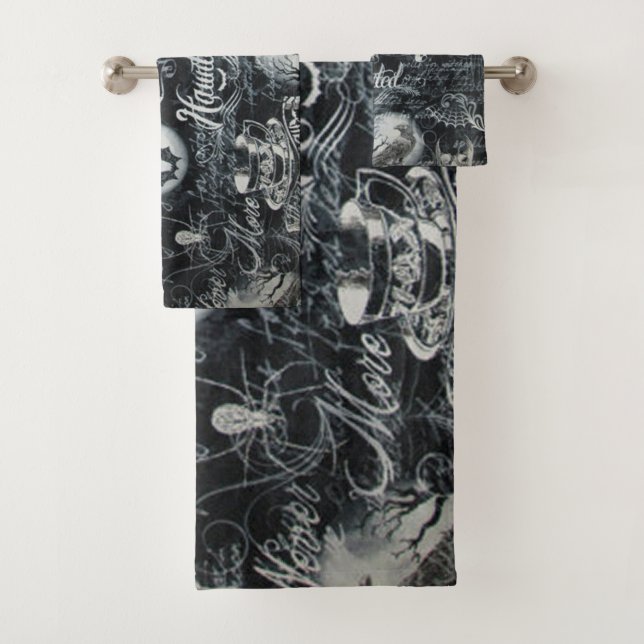 Black & White Haunted Halloween Bath Towel Set (Insitu)