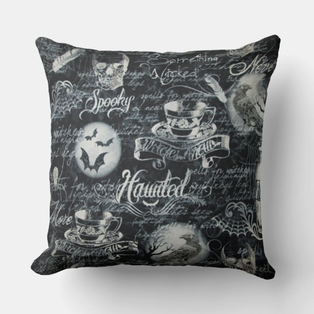 Black & White Haunted Halloween Cushion (Front)