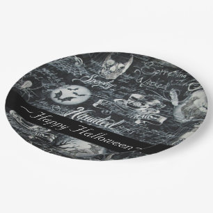 Black & White Haunted Halloween Paper Plate