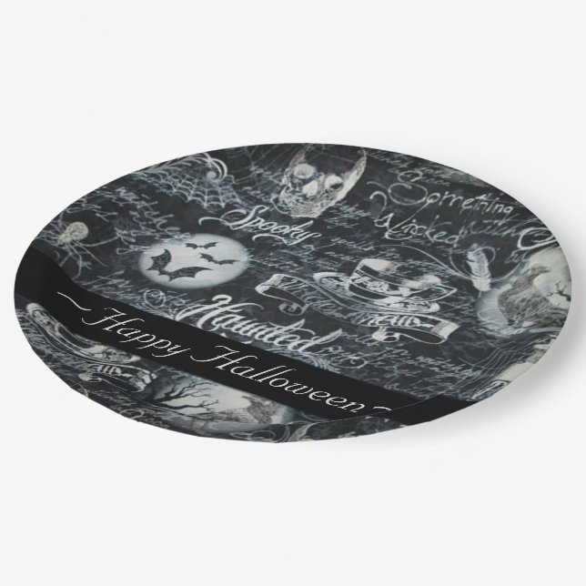 Black & White Haunted Halloween Paper Plate (Angled)