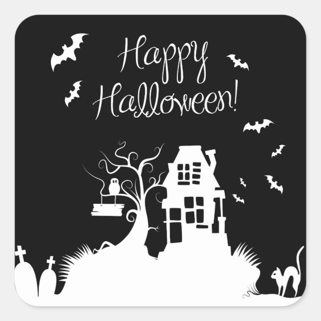 Black & White Haunted House Halloween Sticker (Front)