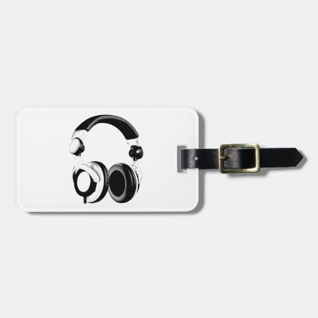 Black & White Headphone Artwork Luggage Tag (Front Horizontal)