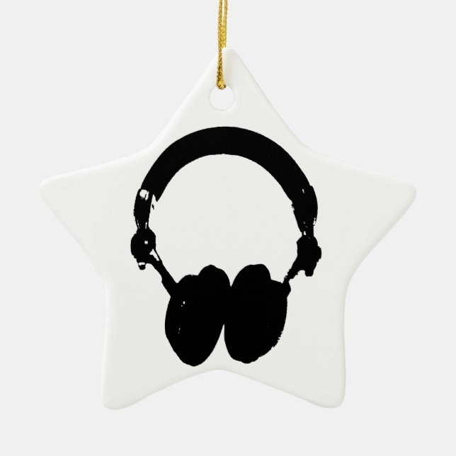 Black & White Headphone Silhouette Ceramic Tree Decoration (Front)