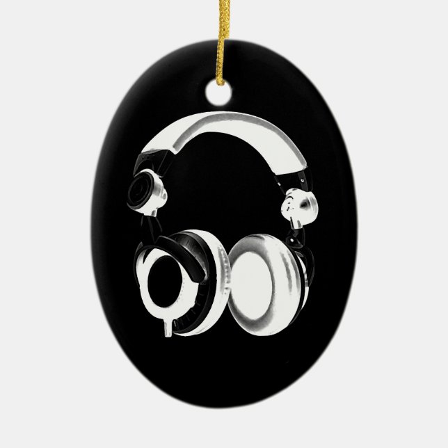Black & White Headphone Silhouette Ceramic Tree Decoration (Front)