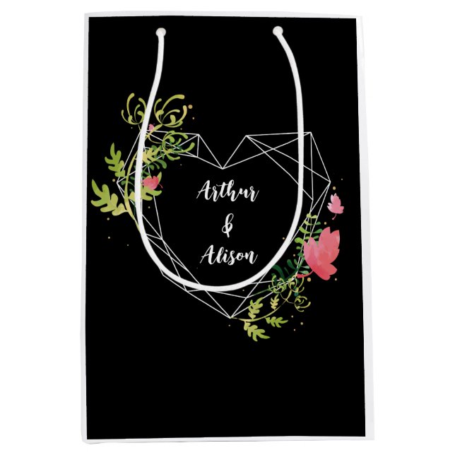 Black & White Heart Custom Name Wedding Favour  Medium Gift Bag (Front)