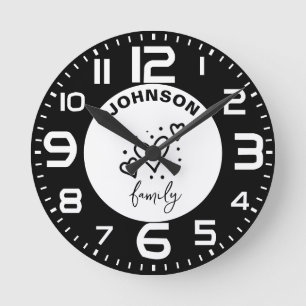 Black White Heart Family Name Round Clock