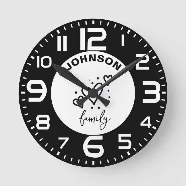 Black White Heart Family Name Round Clock (Front)