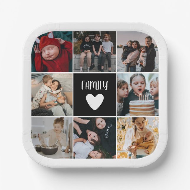 Black White Heart Family Photo Collage Paper Plate (Front)