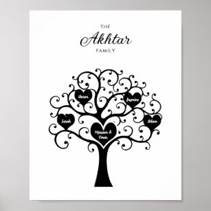 Black & White Heart Family Tree Poster