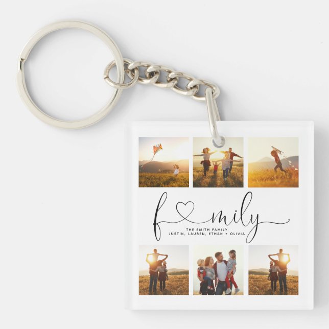 Black & White Heart Script 6 Photo Family Collage Key Ring (Front)