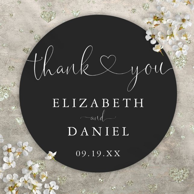 Black White Heart Script Thank You Wedding Favour Classic Round Sticker (Black White Heart Script Thank You Wedding Favor Classic Round Sticker)