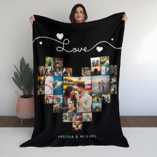Black & White Heart Shaped  Photo Collage Script Fleece Blanket