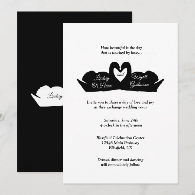 Black & White Heart & Swans Modern Minimal Wedding Invitation (Front/Back)